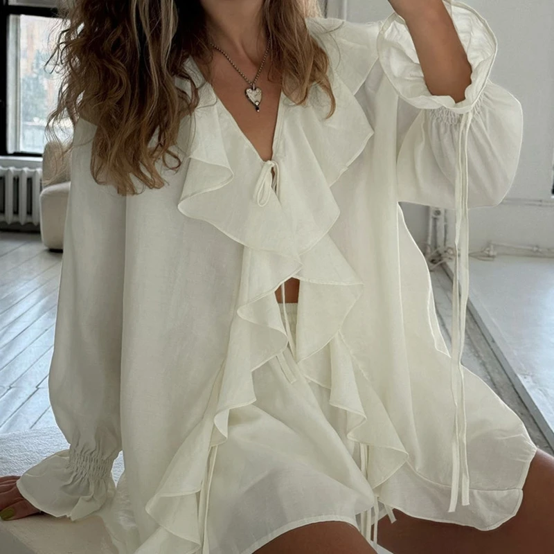 2025 New Arrival Fashion Women Rayon Casual Set French Bell Sleeves V-Neck Ruffled Tie Front Shirt & Shorts Two Piece Set