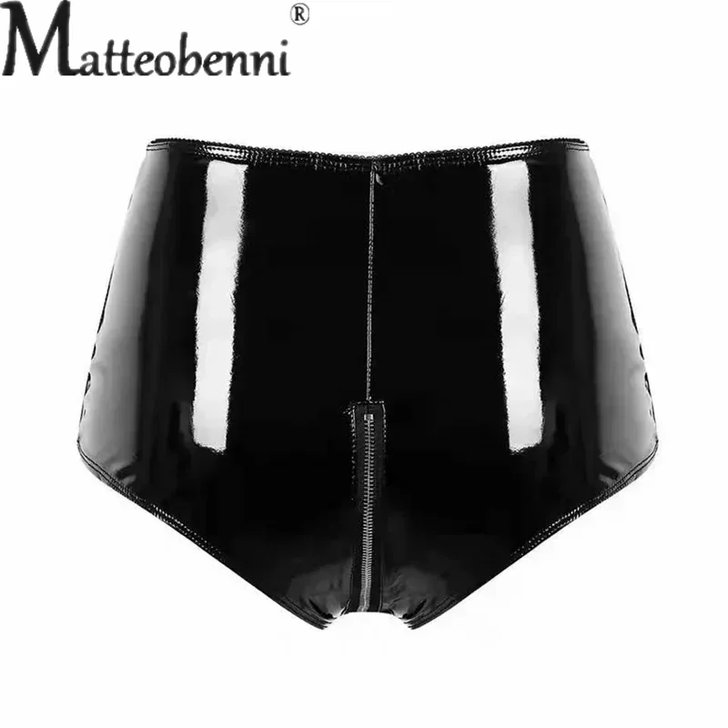 Shiny PVC Patent Leather Sexy Shorts Women Nightclub Party Erotic Triangular Trousers Multi-Zipper Open Crotch Ultra Short Pants