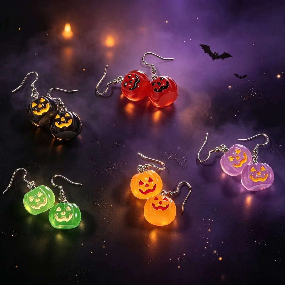 Stainless Steel Luminous Resin Pumpkin Earrings For Women Terrifying Funny Dangle Ear Jewelry Halloween Party Gifts New In