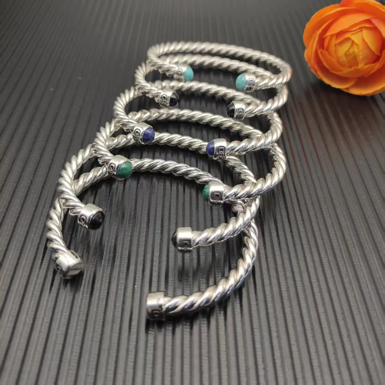 

New S925 Sterling Silver 6MM Newline Cuffs Gem Tropical Bracelet Neutral Fashion Personality Classic Trend Retro Luxury Jewelry