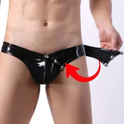 Faux Leather Men Briefs Underwear Sexy Side Button Open Penis Pouch Man Panties U Convex Low waist Erotic gay jockstrap Lingerie