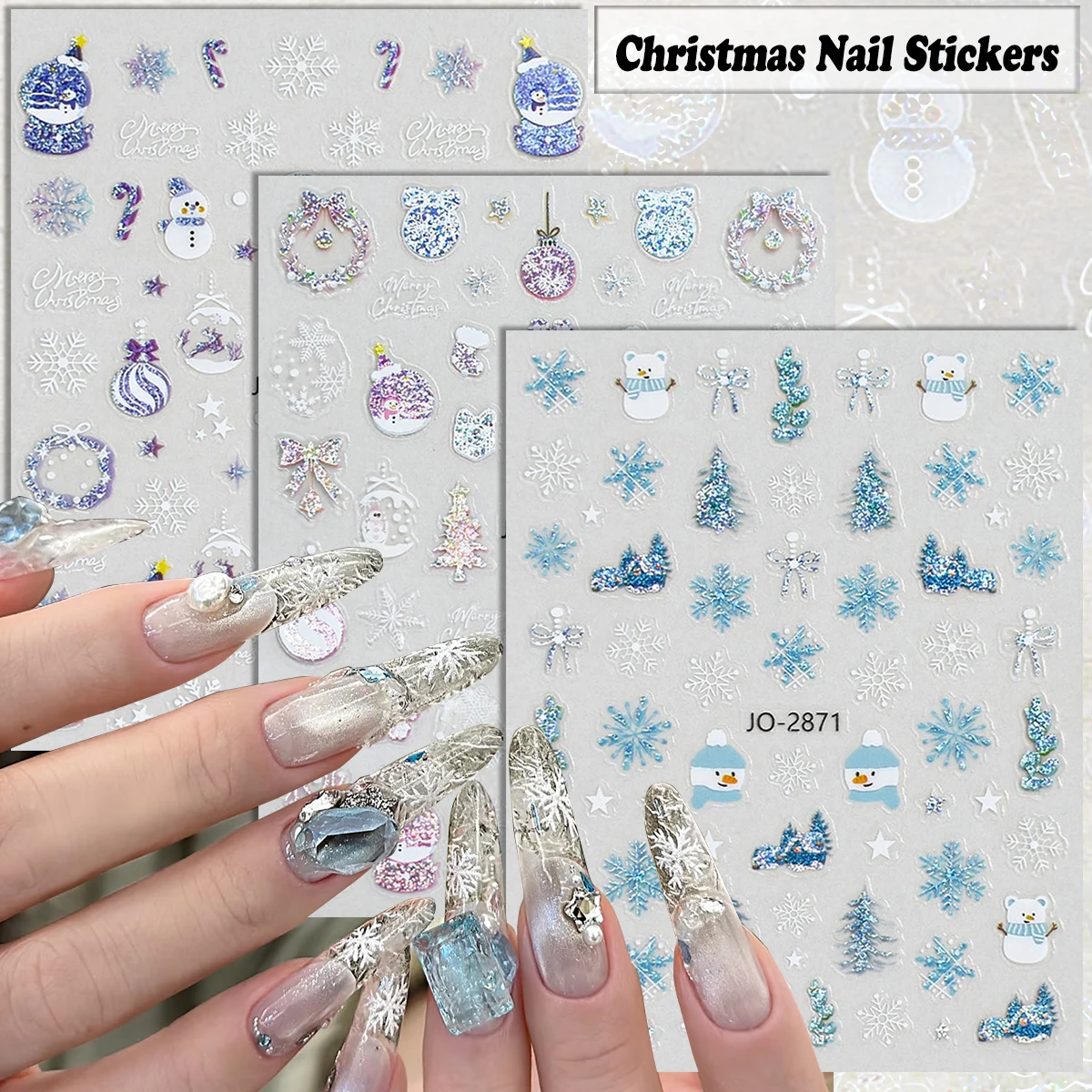 3/6 Blatt 3D Weihnachten Nail Art Aufkleber Schneeflocke Baum Bär geprägt Glitzer Winter Nagelaufkleber selbstklebende Nagelaufkleber