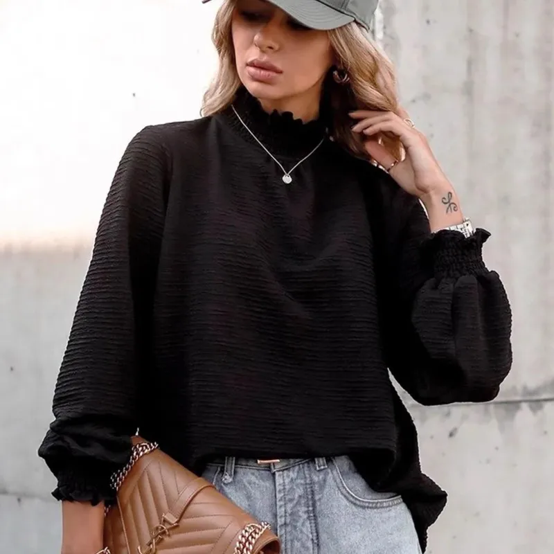 

Vintage Casual White Blouses Spring Autumn New Women's High-neck Long-sleeve Shirts Loose Fashion Versatile Solid Tops For Women