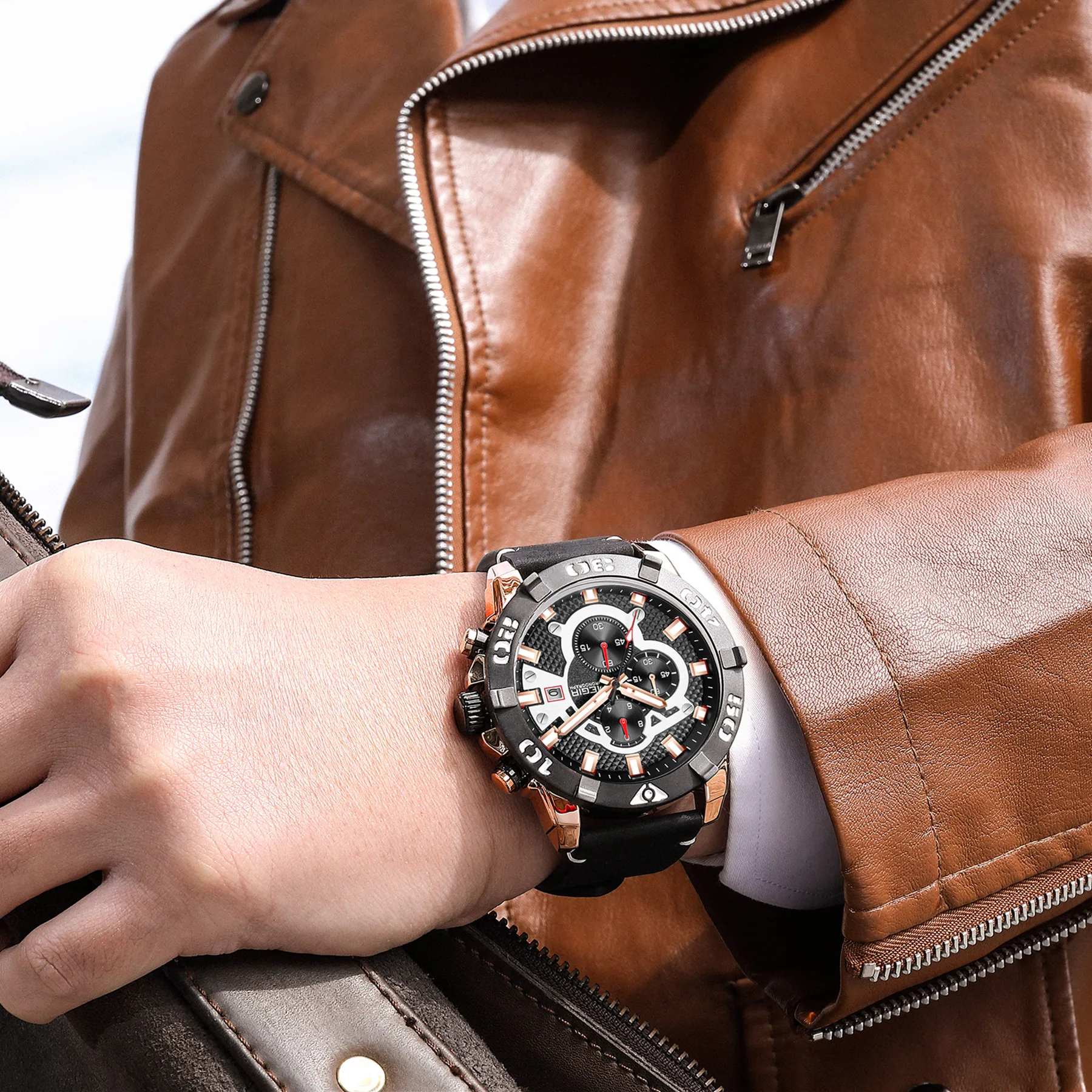 MEGIR Round Dial Wristwatch Luxury Men's Quartz Military Watch Waterproof Leather Strap Sport Chronograph with Date Clock Reloj