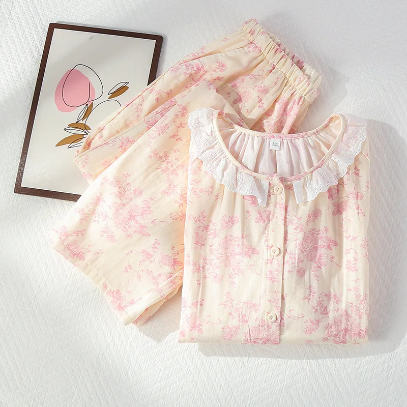 

2026 New Spring/Summer Women's Pajama Set 100% Cotton Gauze Lace Collar Thin Sweet Cardigan Long Sleeve Pants Home Clothes