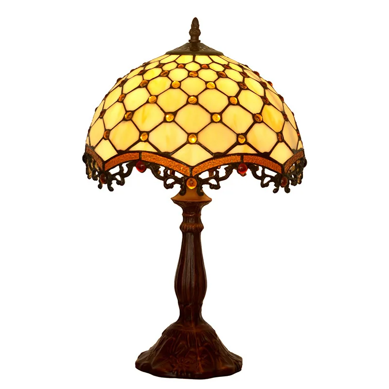 

12 inch bead curtain European retro court study bedroom bedside lamp handmade colored glass LED desk lamp