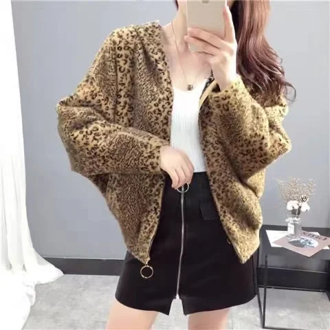 Imitation Mink Hair Autumn Winter Women\'s Coat Leopard Print Knitting Cardigan Hooded Short Loose Add Thick Female Outerwear