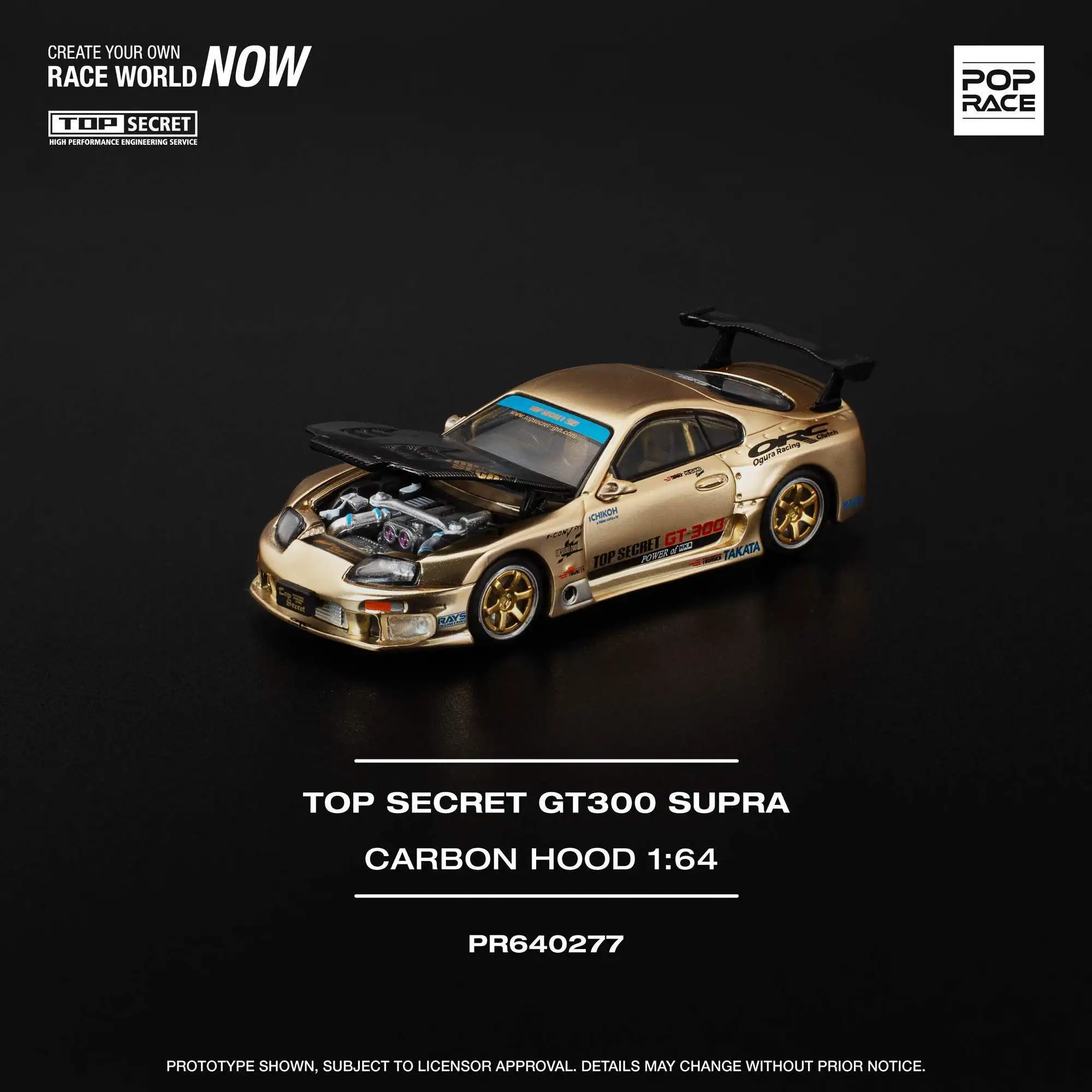 POP RACE 1:64 TOYOTA TOP SECRET GT300 SUPRA chapado en oro, modelo de coche de aleación