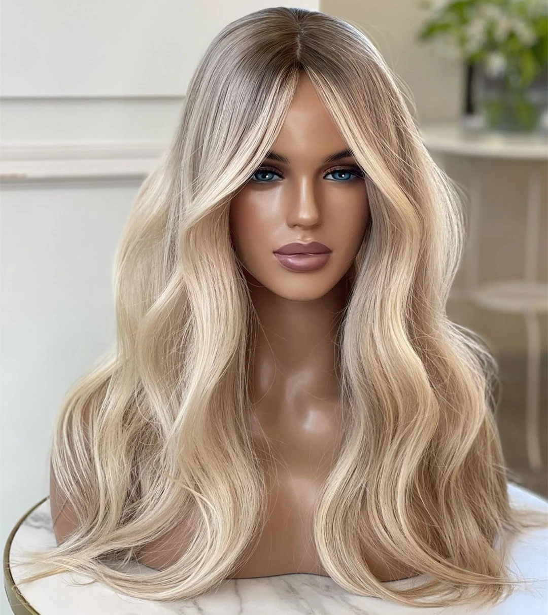 Menschliches haar volle spitze frontal perücke highligh braune wurzeln hd transparente schweizer spitze 13x4 spitze frontal blonde perücke natürliche welle ombre