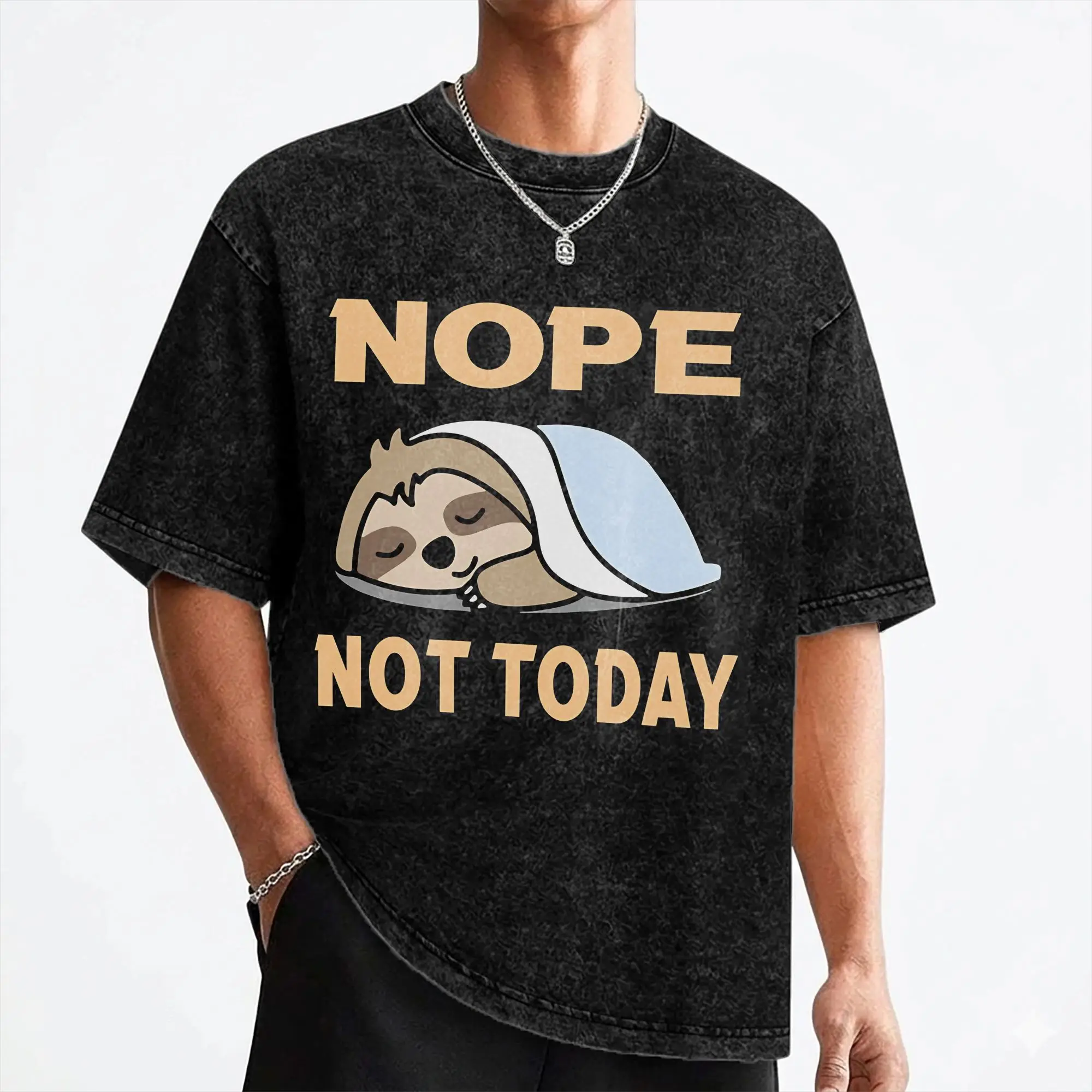 Washed T Shirt Funny Sloth Nope Not Today Sloths Lover Hip Hop T-Shirt Oversize  Streetwear Short Sleeve Printed Tees for Men