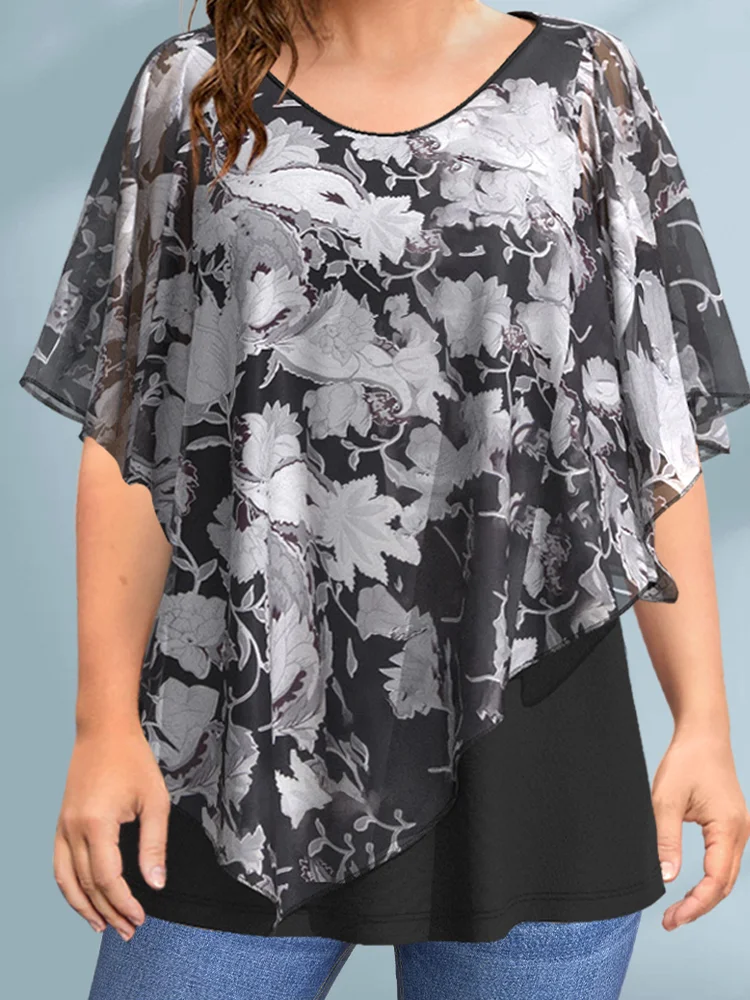 Plus Size Women Blouse Cloak Loose Casual Floral Print Ruffle Batwing Cape Sleeve Tee Top Medium Stretch Women Shirt Top