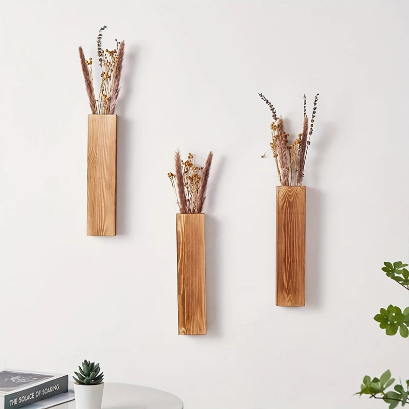 1/3 Wood Wall Vase Planter Decor For Artificial Flower Plants Wooden Plant Holder Wall Plant Pocket Vase Hanging For Living Room