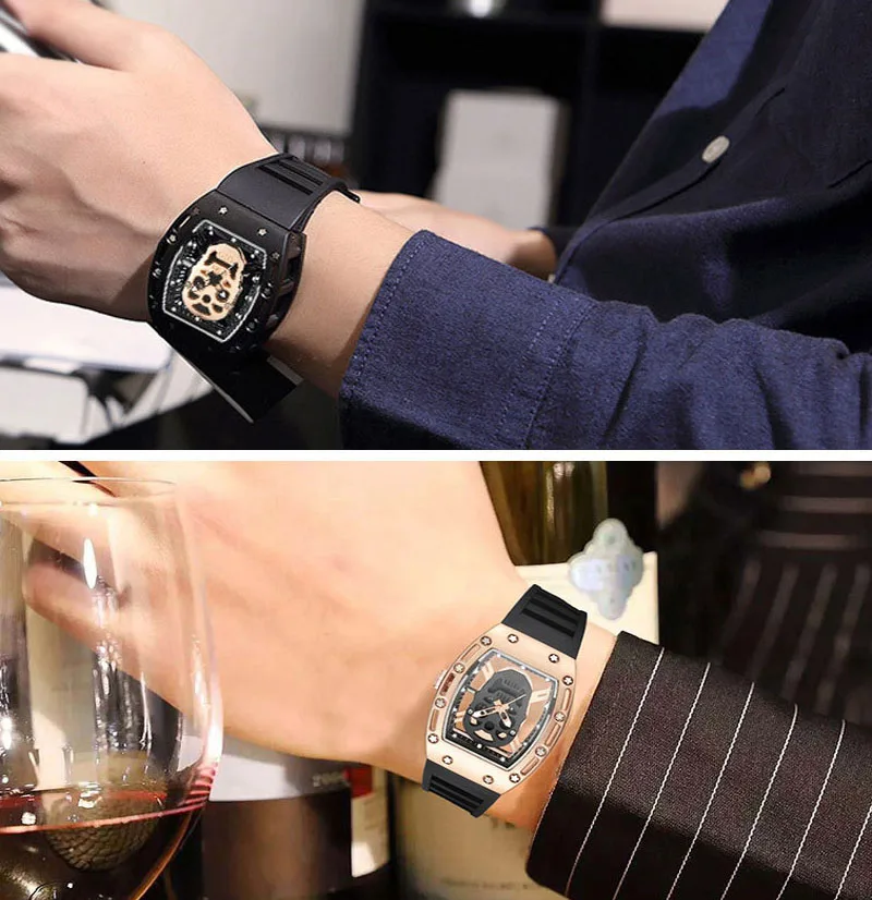 UTHAI Men Watch Fashion Trend For Skeleton Ghost Head Hollow Out Watch Wine Bucket Wristwatch Silicone Male Quartz Clock Watches