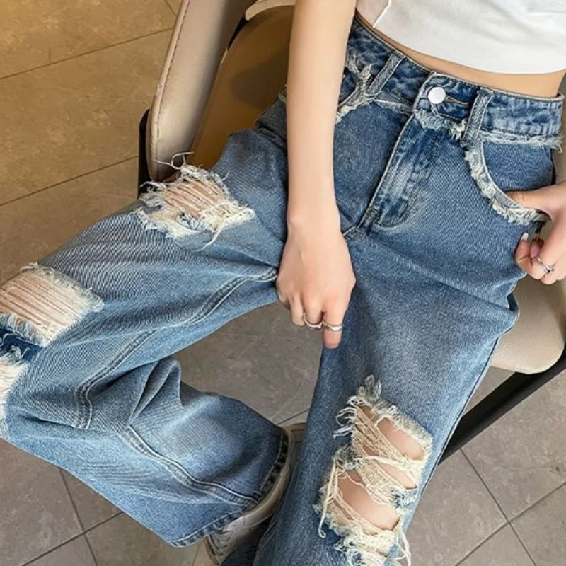 Loch Jeans Frauen Frühling Sommer Denim Vintage stilvolle in voller Länge All-Match hohe Taille schicke Street Style koreanische solide Retro-Dame