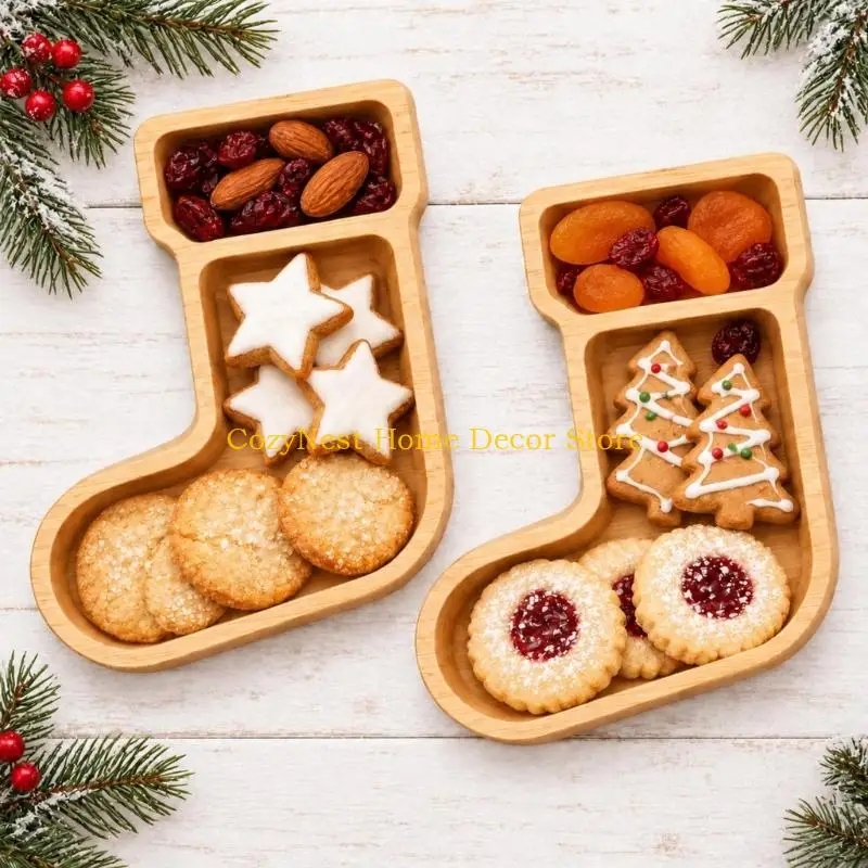 92MF 2-Piece Bamboos Divided Serving Tray Set with Stocking Shape, Wooden Charcuterie Board, Winter Dish Plate for Arranging