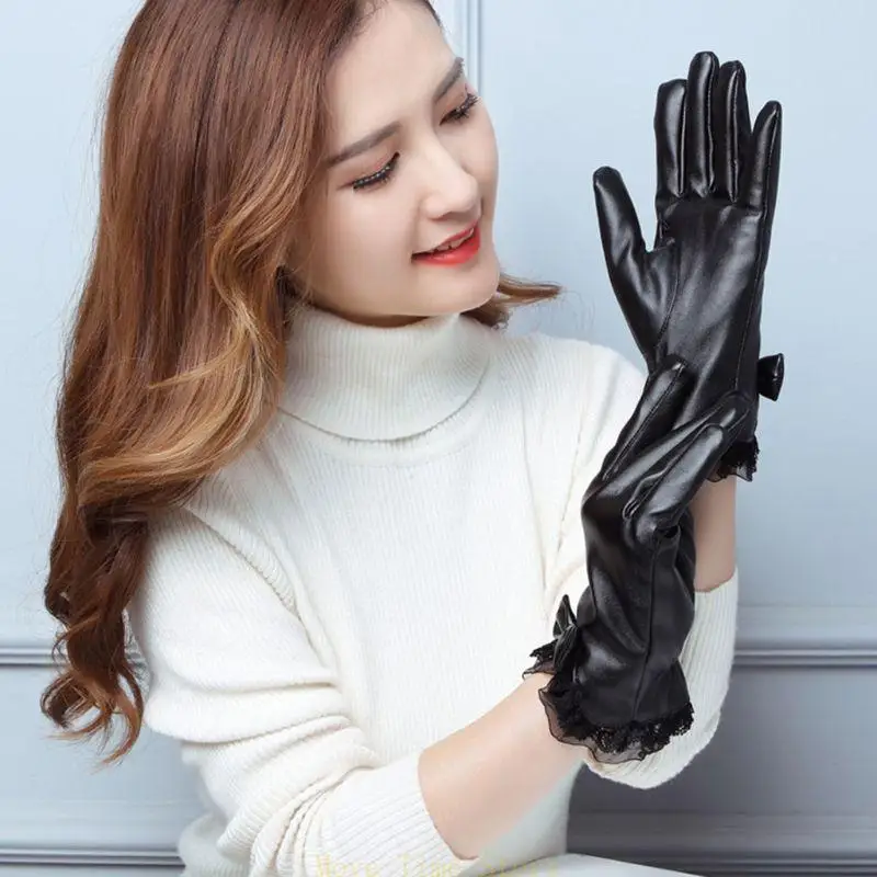 

92me Женская женская искусственная кожаная платья перчатки теплые мотоциклетные перчатки Элегантные лыжные перчатки с полным для