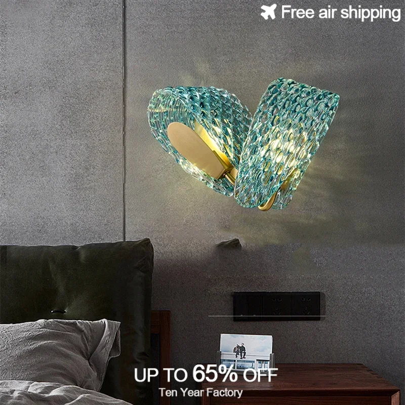 

Nordic style minimalist peacock blue glass copper led ceiling chandeliers with remote aesthetic lighting for bedroom