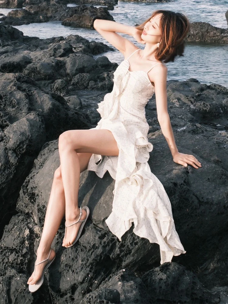 Summer Tea Break Floral Print Strapl Dr Beach Vaion Long Skirt Women's High Waist V-ne A-line Gown Irregular Hemline