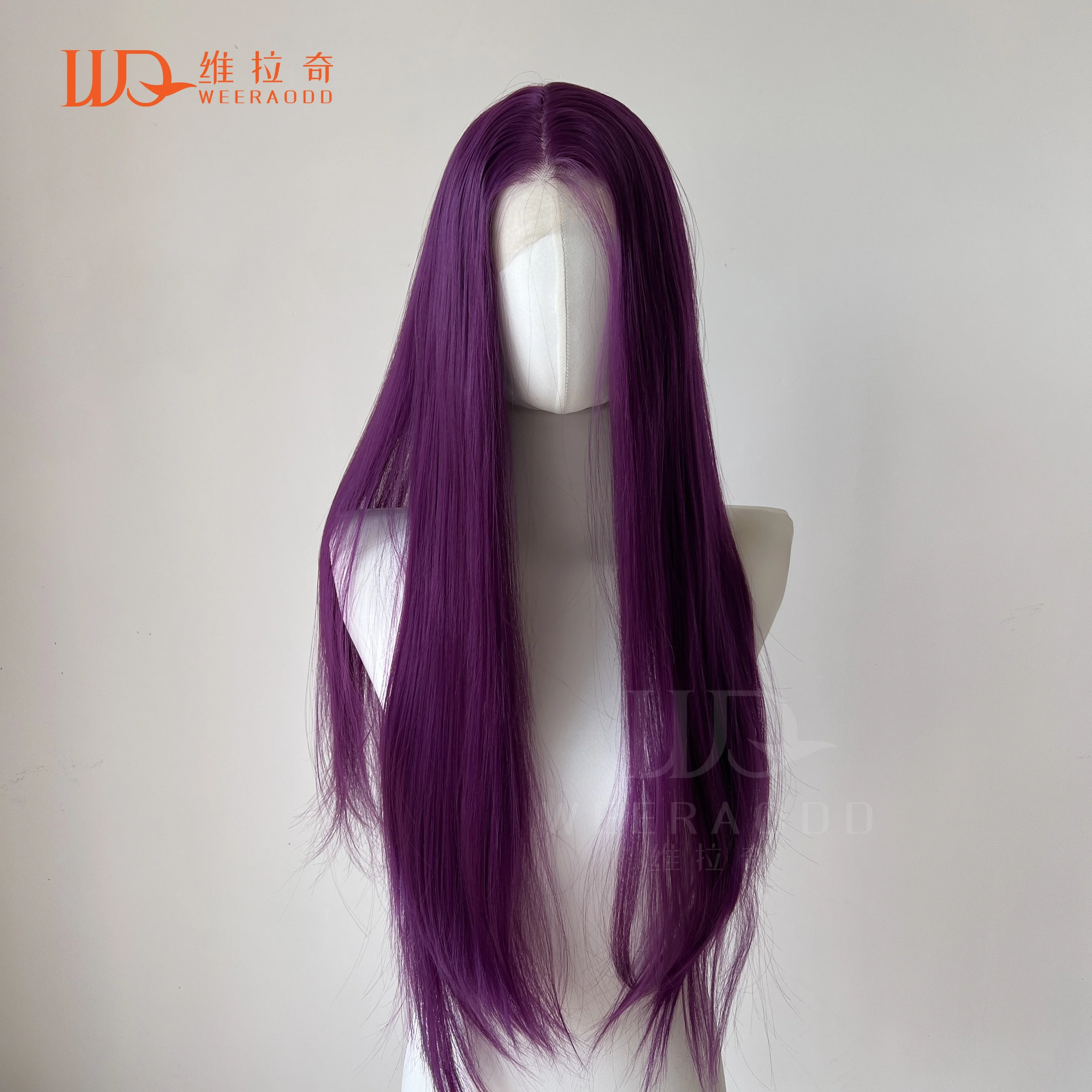 Himbeerlila Perücke, tiefviolette Handhaken-Perücken, 66 cm, 33 x 10,2 cm, große Spitze auf der Stirn, Cosplay-Synthetik-Spitzenperücken