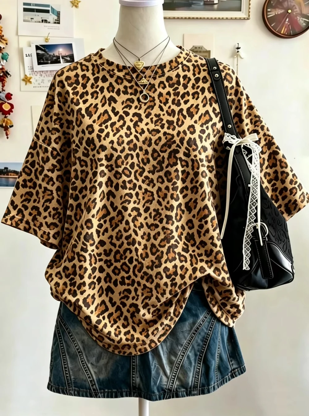 2026 Sommer Y2K Leopardenmuster Lässiges Oversized Rundhals Drop-Shoulder Damen Kurzarm T-Shirt Street Casual Sport-Top – Detail 10