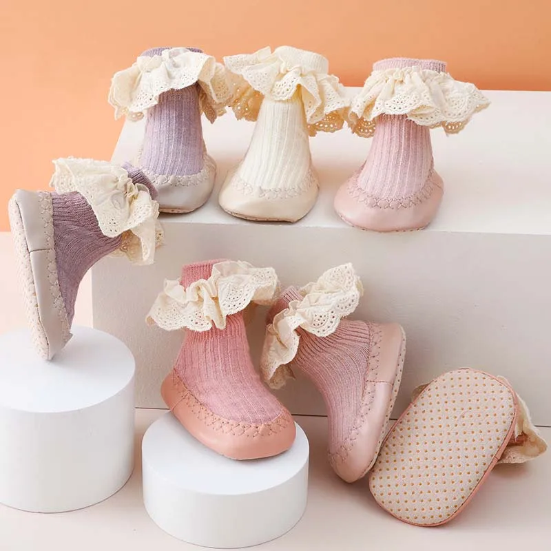 

Infant Baby Girl Socks with Rubber Soles Floor Spring Autumn Anti Slip Leather Children Lace Flowers Shoes