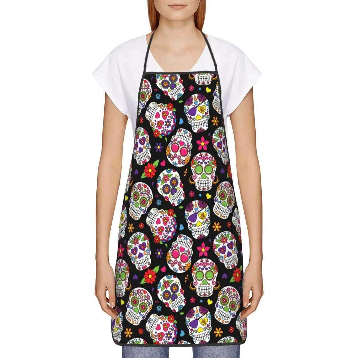 Custom Sugar Skull Apron for Women Men Unisex Bib Day of The Dead Kitchen Cooking Tablier Cuisine Chef Gardening