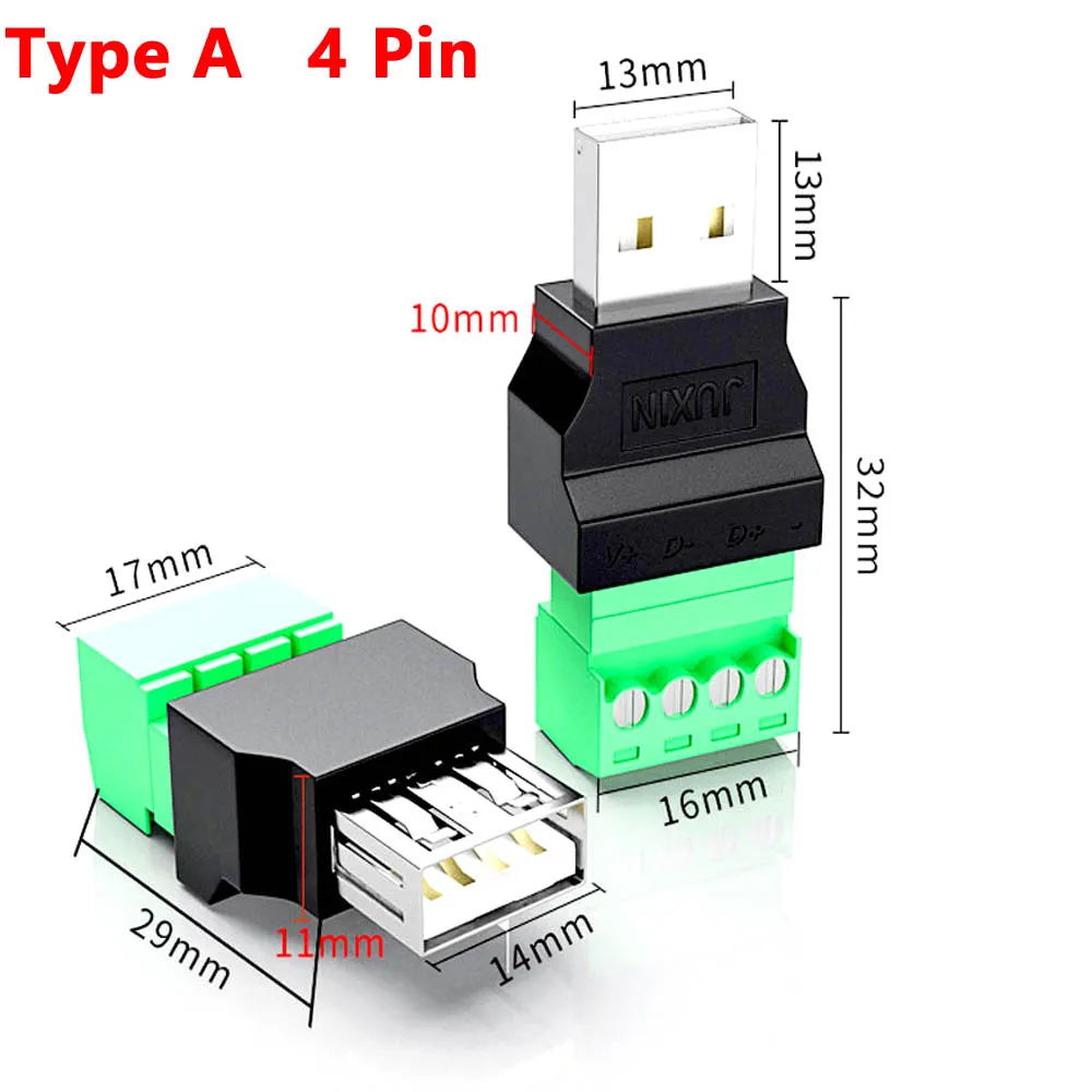 

4 Pin USB 2.0 Type A Male/Female to Screw Connector USB Jack USB plug with Shield connector USB2.0 to Screw Terminal Plug