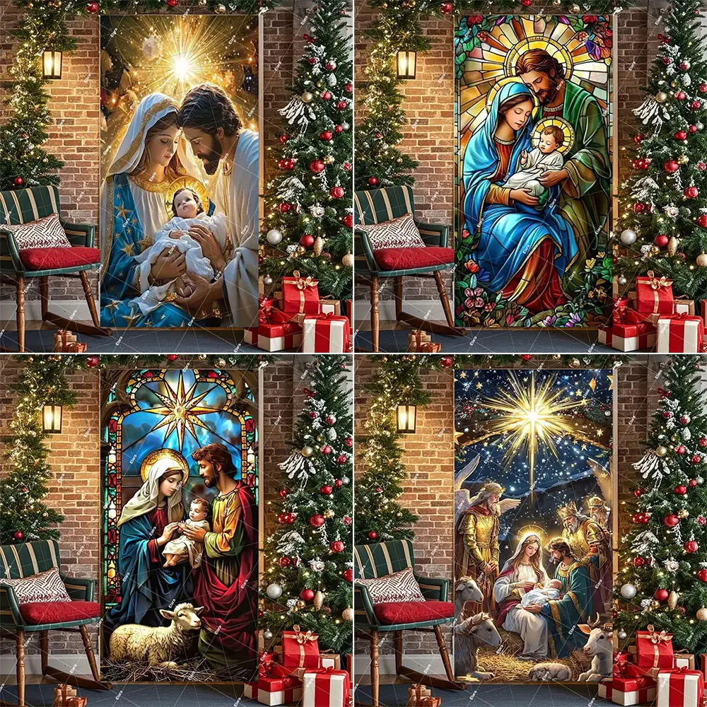 

Christmas New Year Bright Stars Nativity Scene Door Banner Decor Jesus Nativity Ave Mary and Joseph Holy Family Home Religious