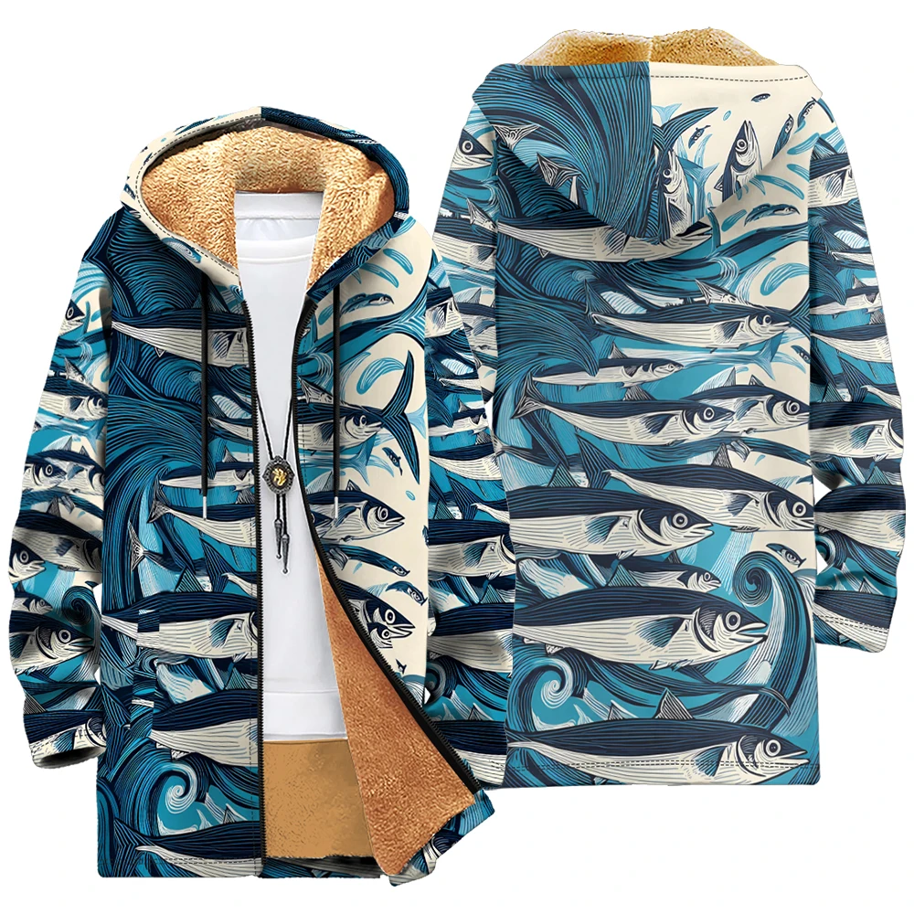 

Men Stylish Ocean-Themed Fish Print Hooded Coats Plush Lined Hood Warm Unisex Jacket Winter Windbreaker Fashion Trending