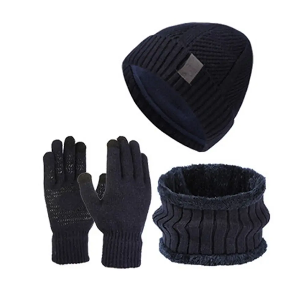 3Pcs/Set Set Topi, Syal, dan Sarung Tangan Musim Dingin Hangat dengan Lapisan Tebal, Syal Penghangat Leher, Set Beanie Rajut Elastis Tahan Angin untuk Pria