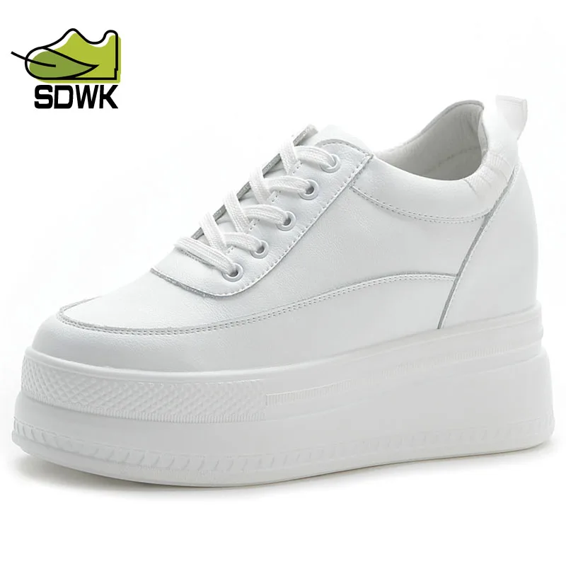 

SDWK 9cm Inner Increase White Shoes Women Genuine leather Shoes Women Hollow Breathable Casual Thick-soled Women's Sneaker Shoes