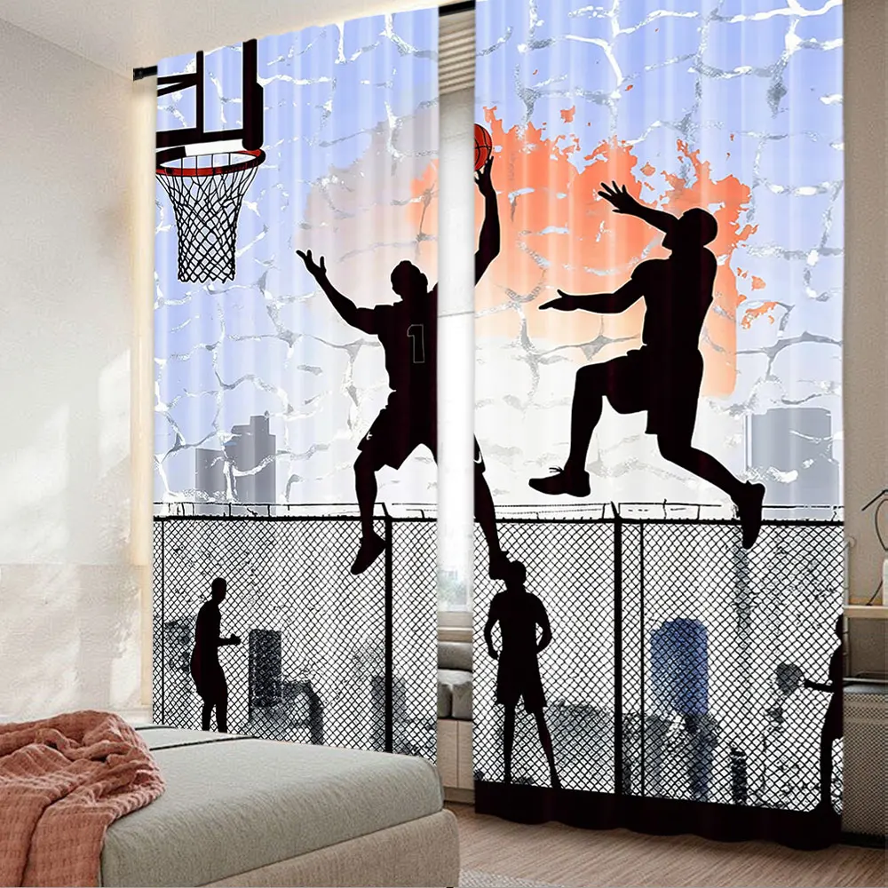 2Pcs Sports Curtains Basketball In The Street Theme Players Playing On Basketball Court For Bedroom Living Room And Dining Room