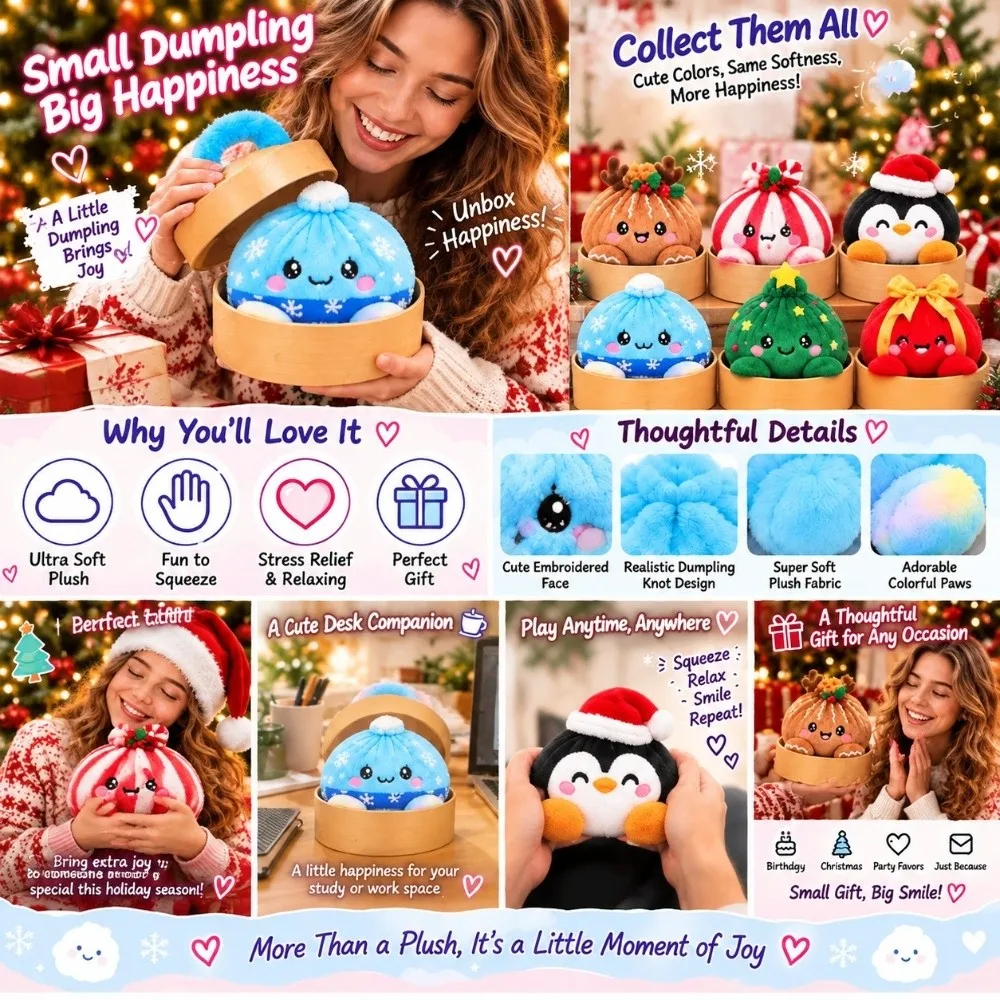 Soft Plush Stuffed Dumpling Squishies Stress Relief Fidget Giant Christmas Dumpling Pillow with Steamer Squeeze Dumpling Toy