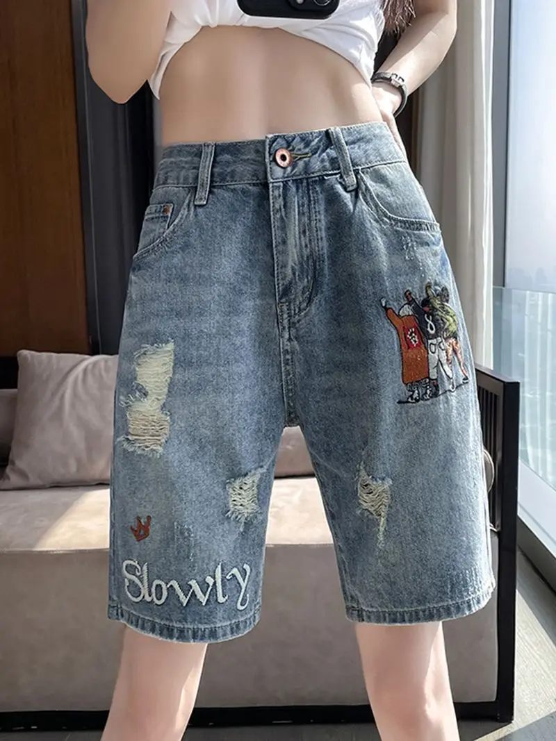 

Летние тонкие хлопковые джинсы с вышивкой для студентов, свободные, прямые, длиной до колена, с высокой талией, синие