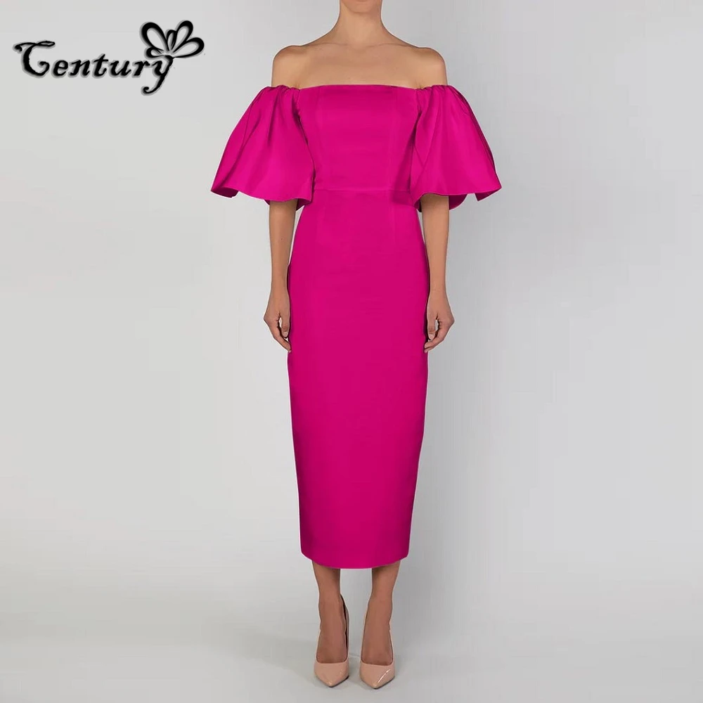 

Off Shoulder Fuchsia Prom Dress Big Bow Tea Length Simple Satin Evening Dresses Formal Party Gowns Robe De Soiree Customized