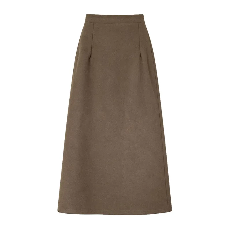 Vintage Woolen Long Skirt Women Fall Winter High Waist Back Split A-Line Skirts Female Streetwear Fashion Versatile Midi Skirts