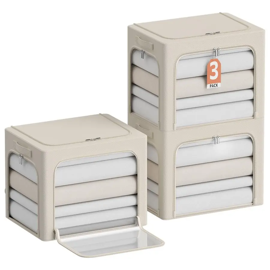 

3Pack Clothes Storage Bins Oxford Frame Storage Box Foldable Stackable Storage Organizer with 3 Openings Design, Metal Frame, C