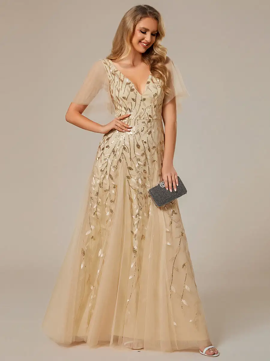Elegant Evening Dresses Deep V Neck Short Sleeves Floor length 2025 Ever Pretty of Sequin Gold Bridesmaid dress