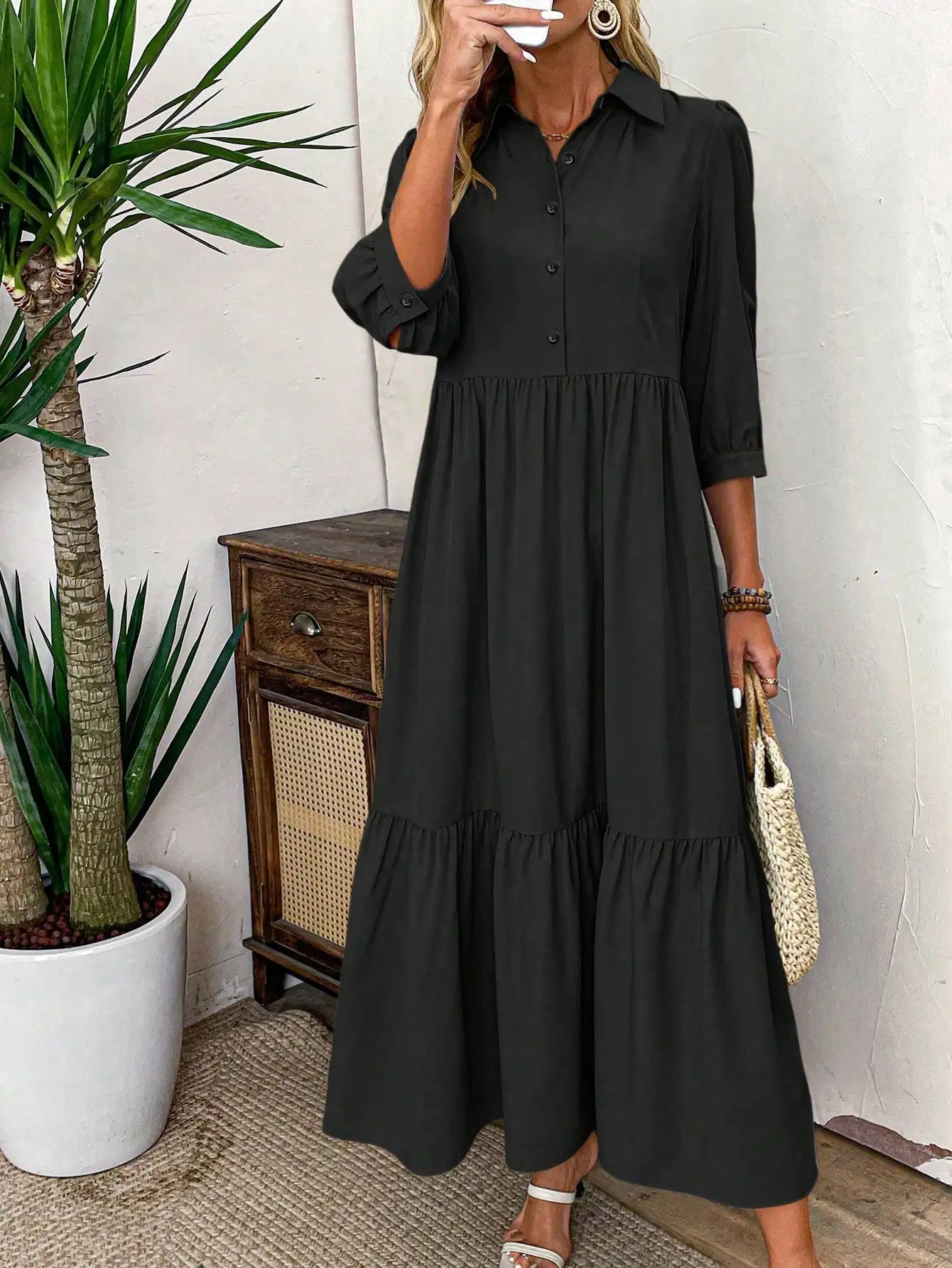 

Women's Solid Black Button-Up Midi Dress with Tiered Skirt and Puffed Sleeves