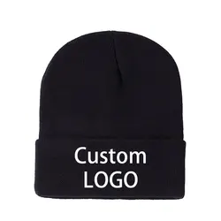 Custom Embroidery Logo Beanies Winter Warm Knitted Hat Universal Black Beanie Hat For Men Adult Casual Brimless Cap Women's Hats