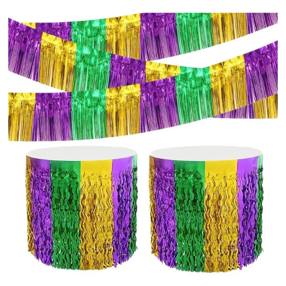 5Pcs Carnival Wavy Metallic Fringe Decor Set Purple Green Gold for Round Rectangle Table Wall Hanging Party Backdrop Ornaments