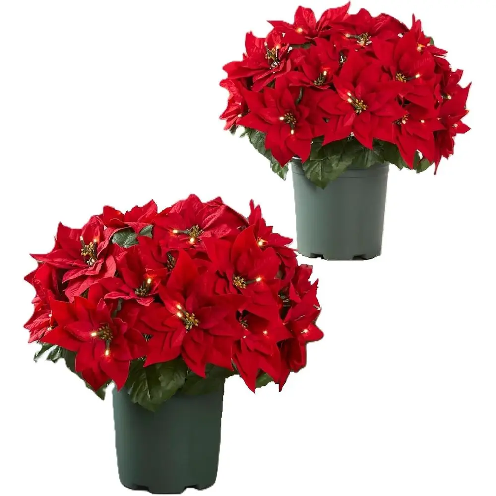 

Новогодние украшения для горшков Poinsettia - 22 праздничных красных искусственных цветка пуансеттии со светодиодными прозрачными лампочками для украшения входной веранды на праздники