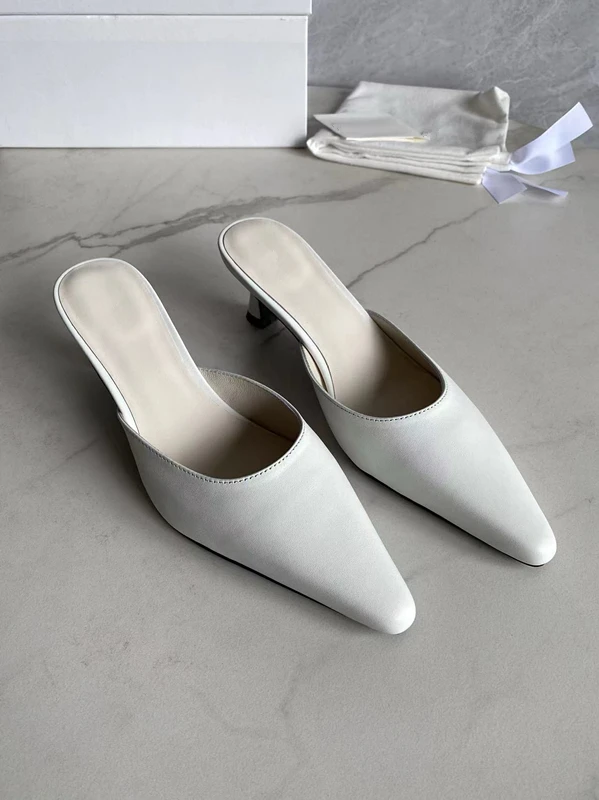 Withered Minimalism Summer Slippers Sandals Shoes Women French Muller Shoes Italian Cowhide Retro Pointed 5.5cm High Heels