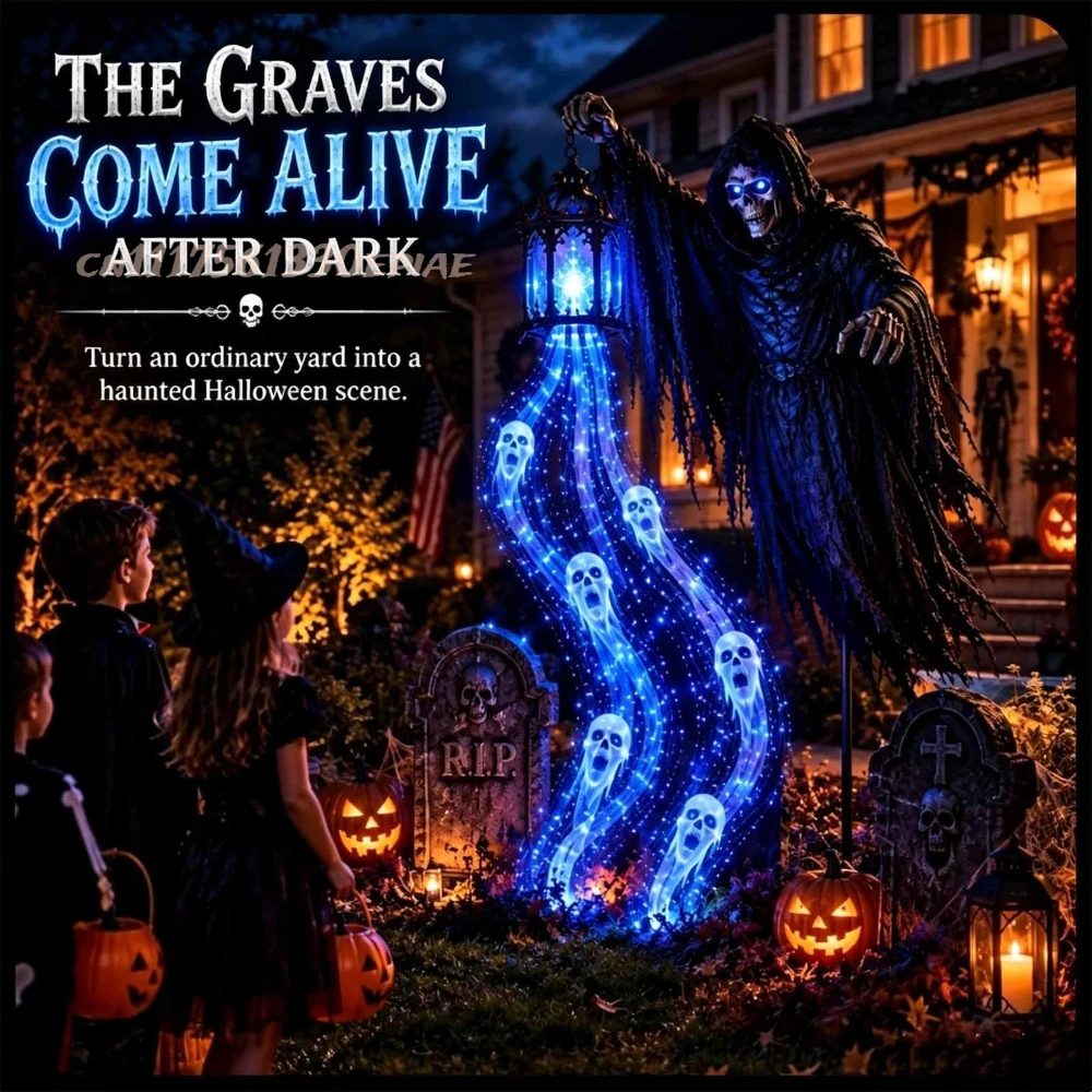 Soul Harvester grim reaper garden light glowing blue at night beside a walkway