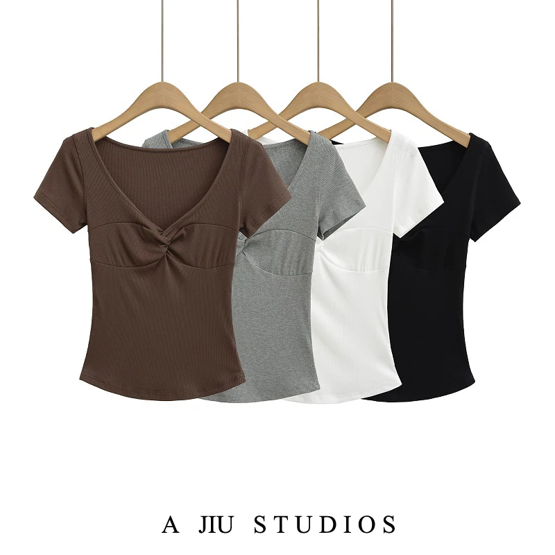 

American Retro Hot Girl Design V-ne ort Sve T-irt Women Summer ort Sle Slimming Inner Wear Base irt Top