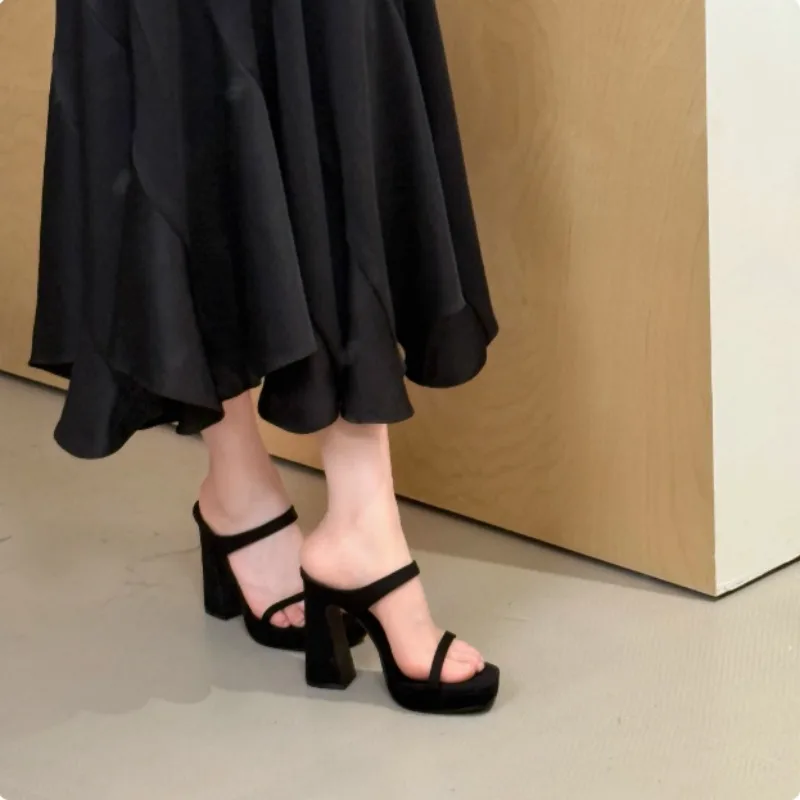 Temperament Square Toe One Word with Platform Block Heel Beautiful Leopard Pattern Cool Drag High Heel Sandals