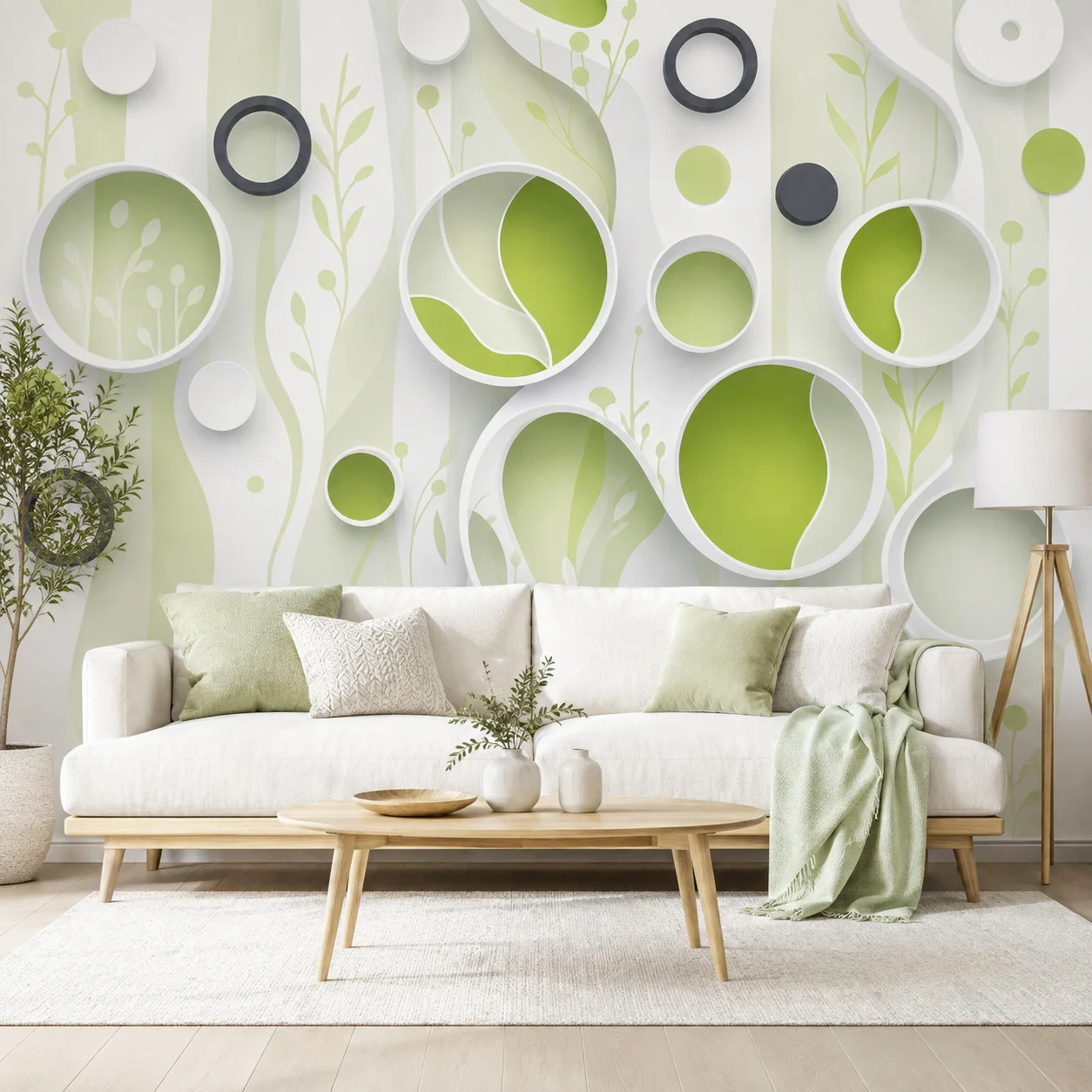 3D Green Abstract Wall Mural Modern Geometric Wallpaper Leaf Round Decor Non Self Adhesive Living Room Bedroom Luxury Wall Decor