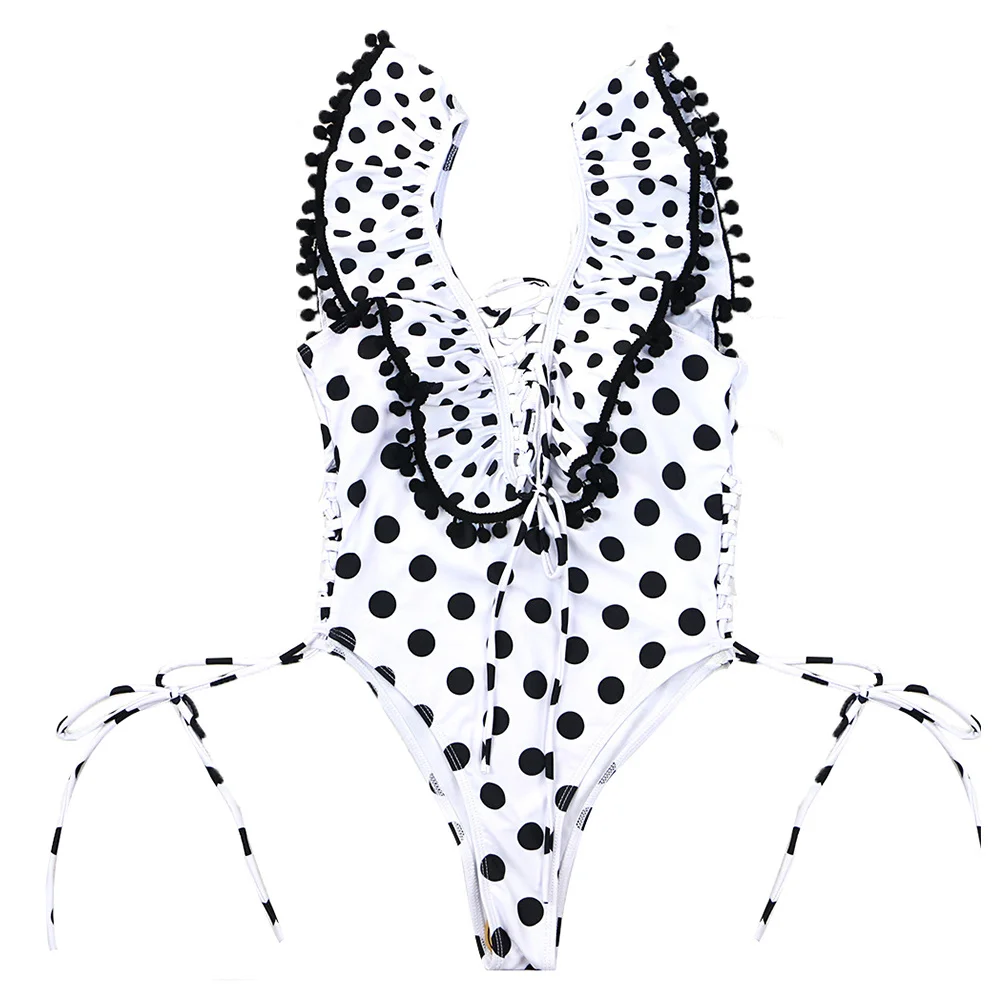 أسود البولكا قطعة ملابس السباحة النساء الرسن الأشرطة مرونة الشاطئ بركة عطلة ثوب السباحة تكدرت عارية الذراعين