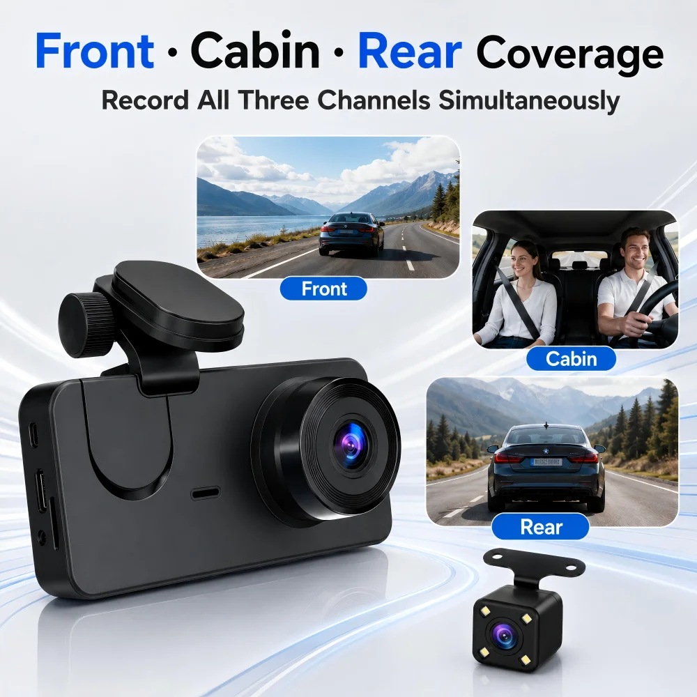 WiFi 3 Channel Dash Cam 1080P Front Camera 720P Cabin Rear View IR Night Vision 2.0 IPS Screen APP Control G-Sensor Car DVR
