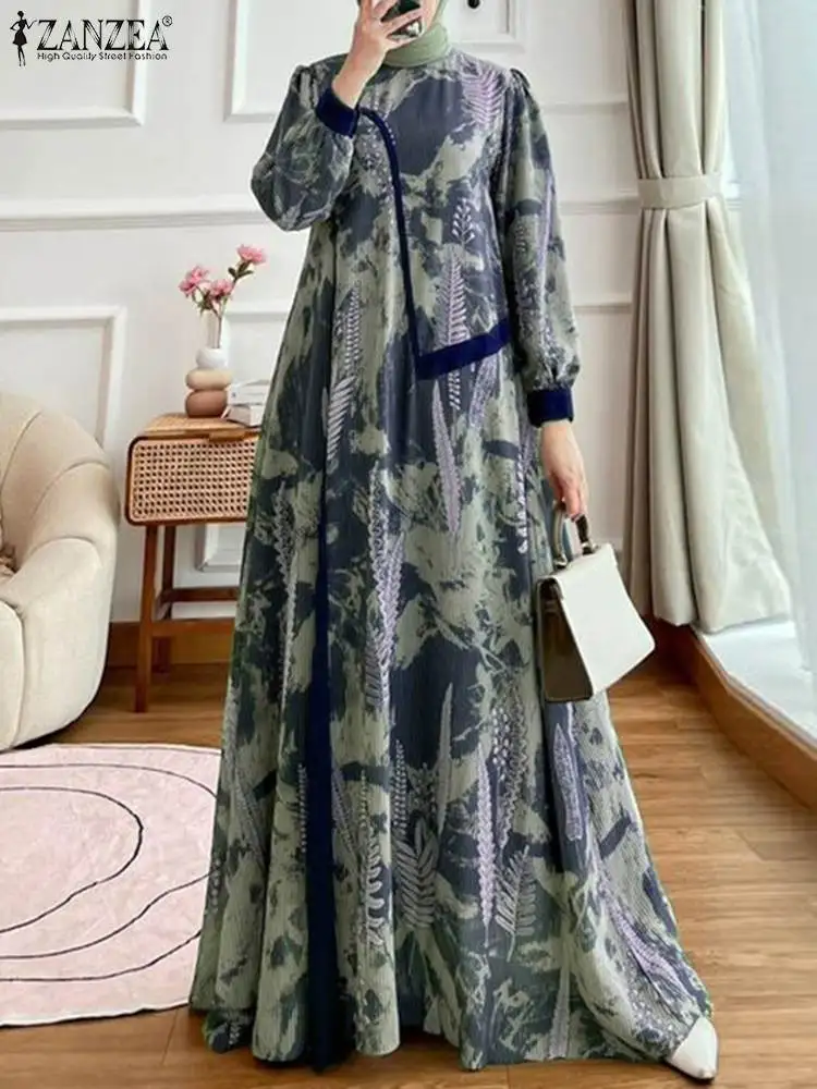 ZANZEA Women Elegant Leaves Printing Maxi Dress Vintage Lantern Sleeve O Neck Casual Loose Kaftan Vestido Muslim Abaya Long Robe